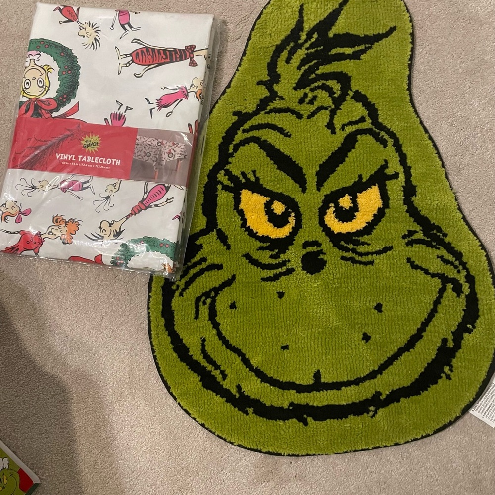 Grinch Face Shaped Rug - Green & Black Holiday Accent and Vinyl Tablecloth